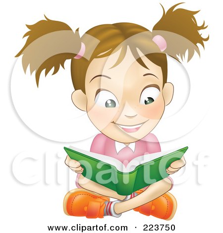 Royalty-Free (RF) Clipart Illustration of a Happy Caucasian Girl Reading A Book And Sitting On The Floor by AtStockIllustration