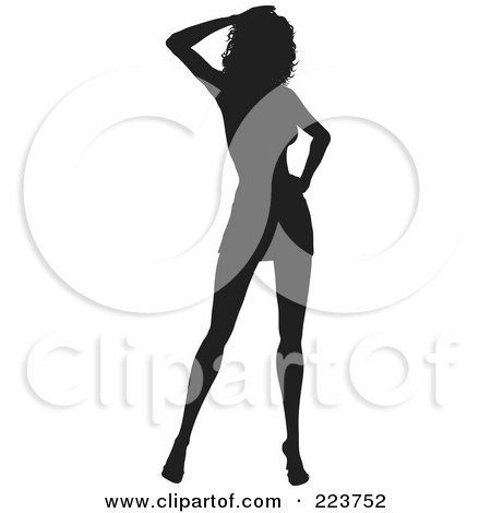 Royalty-Free (RF) Clipart Illustration of a Sexy Black Silhouetted Woman In Heels, One Hand On Her Hip, The Other On Her Head by KJ Pargeter