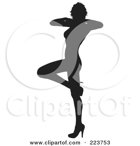Royalty-Free (RF) Clipart Illustration of a Sexy Black Silhouetted Woman In Heels, Lifting One Leg, Her Hands By Her Face by KJ Pargeter