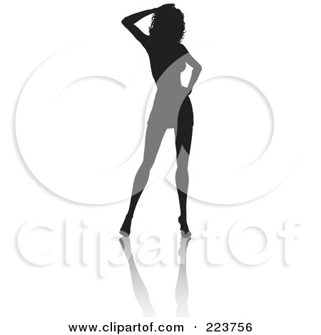 Royalty-Free (RF) Clipart Illustration of a Sexy Silhouetted Woman In Heels, One Hand On Her Hip, The Other On Her Head, With A Reflection by KJ Pargeter