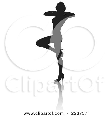 Royalty-Free (RF) Clipart Illustration of a Sexy Silhouetted Woman In Heels, Lifting One Leg, Her Hands By Her Face, With A Reflection by KJ Pargeter