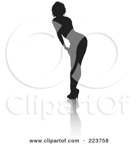 Royalty-Free (RF) Clipart Illustration of a Sexy Silhouetted Woman In Heels, Bending Over With Her Hands On Her Knees, With A Reflection by KJ Pargeter