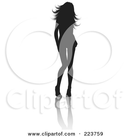 Royalty-Free (RF) Clipart Illustration of a Sexy Silhouetted Woman In Heels, Tilting Her Knees Inward, With A Reflection by KJ Pargeter