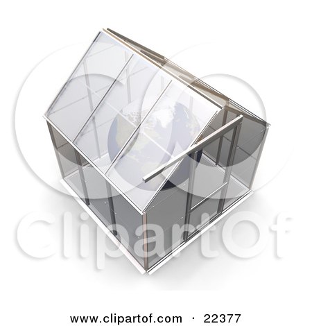 Clipart Illustration of a Globe Floating Inside A Glass Greenhouse With A Silver Frame by KJ Pargeter
