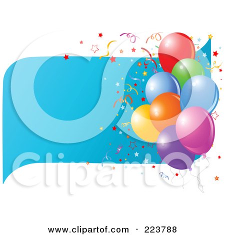Royalty-Free (RF) Clipart Illustration of a Birthday Party Background Of Colorful Balloons Over A Blue Wave, With Confetti On White by Pushkin