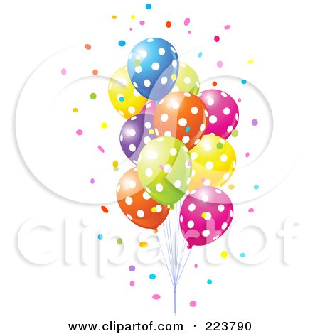 Royalty-Free (RF) Clipart Illustration of a Group Of Confetti And Colorful Polka Dot Balloons by Pushkin
