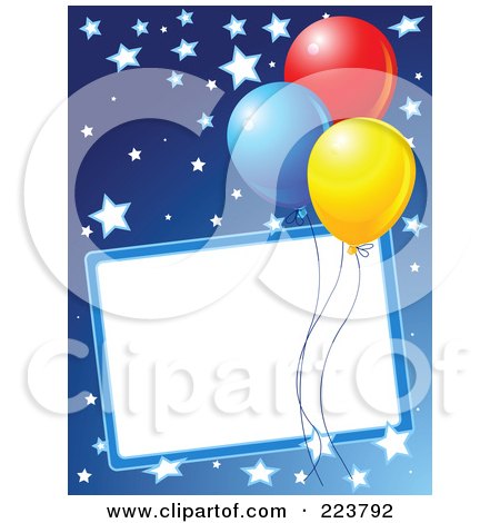 Royalty-Free (RF) Clipart Illustration of a Birthday Party Background Of Colorful Balloons And Stars On Blue With A Blank Box by Pushkin