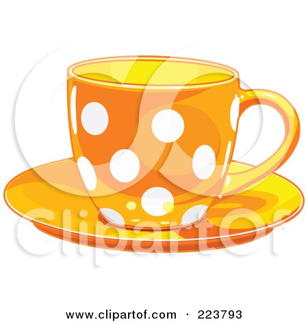Royalty-Free (RF) Clipart Illustration of an Orange Polka Dot Tea Or Coffee Cup On A Saucer by Pushkin