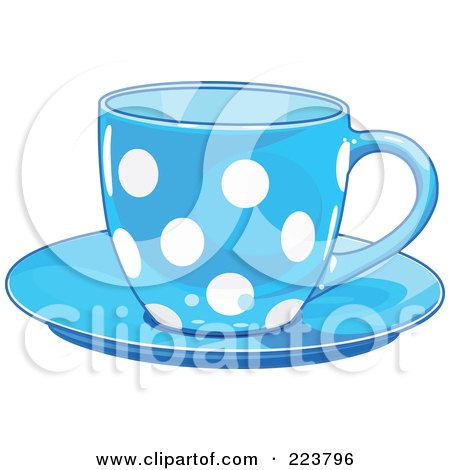 Royalty-Free (RF) Clipart Illustration of a Blue Polka Dot Tea Or Coffee Cup On A Saucer by Pushkin