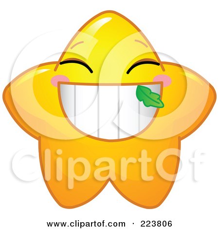 Royalty-Free (RF) Clipart Illustration of a Cute Yellow Star Character Smiling With A Leaf Stuck In Her Tooth by Pushkin