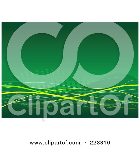 Royalty-Free (RF) Clipart Illustration of a Green Background With Waves, Yellow Ribbons And Halftone by Pushkin