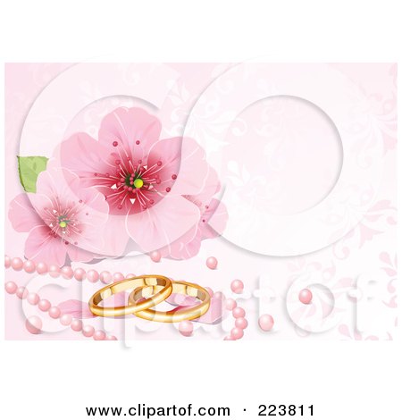 Royalty-Free (RF) Clipart Illustration of a Pink Wedding Background Of Cherry Blossoms, Pink Pearls And Gold Rings by Pushkin
