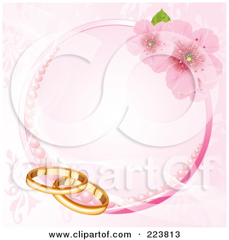 Royalty-Free (RF) Clipart Illustration of a Pink Wedding Background Of A Circle Of Cherry Blossoms, Pink Pearls And Gold Rings by Pushkin