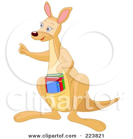 Royalty-Free (RF) Clipart Illustration of a Cute Pointing Teacher Kangaroo With Books In Her Pouch by Pushkin