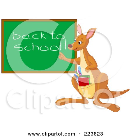 Royalty-Free (RF) Clipart Illustration of a Cute Teacher Kangaroo With Books In Her Pouch, Pointing To A Back To School Chalk Board by Pushkin