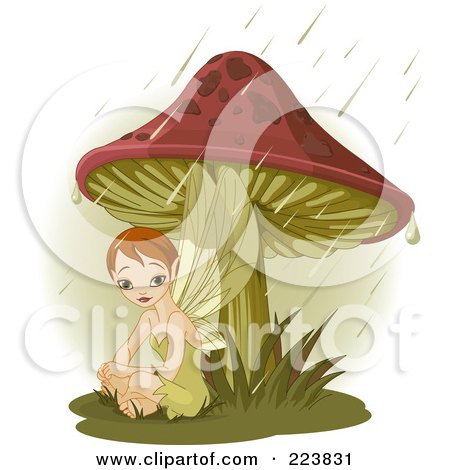 Royalty-Free (RF) Clipart Illustration of a Sad Female Fairy Sitting Under A Mushroom In The Rain by Pushkin
