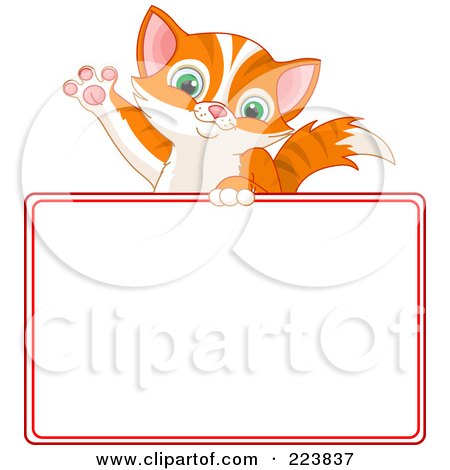 Royalty-Free (RF) Clipart Illustration of a Cute Cat Waving Over A Blank Sign Bordered In Red by Pushkin