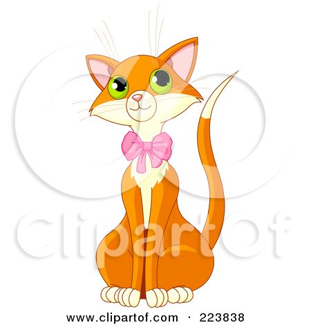 Royalty-Free (RF) Clipart Illustration of a Cute Adult Marmalade Cat Wearing A Pink Bow by Pushkin