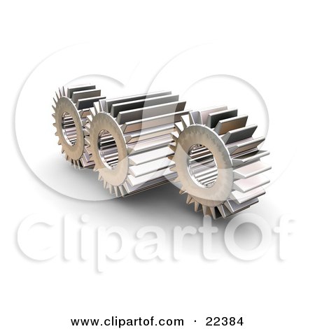 Clipart Illustration of Three Spinning Cogs, One Larger Than The Other Two, Spinning In Tandem by KJ Pargeter