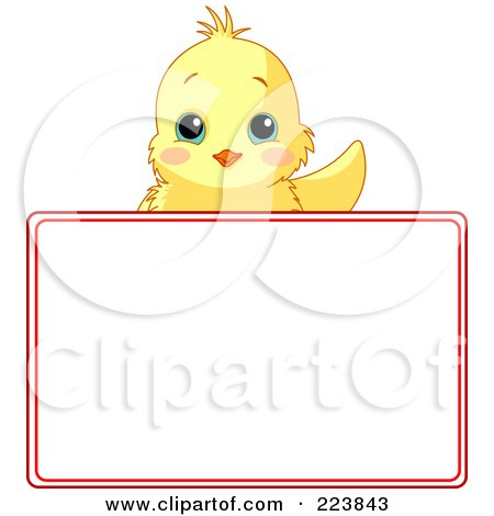 Royalty-Free (RF) Clipart Illustration of a Cute Yellow Chick Waving Over A Blank White Sign Framed In Red by Pushkin