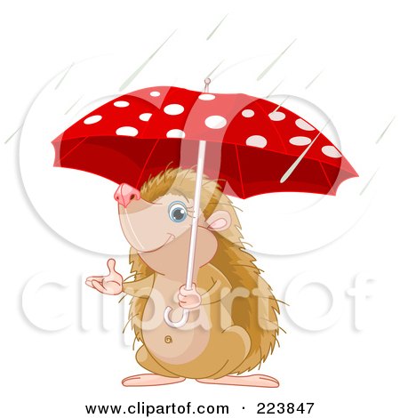 Royalty-Free (RF) Clipart Illustration of a Cute Hedgehog Holding An Umbrella And Reaching Out In The Rain by Pushkin