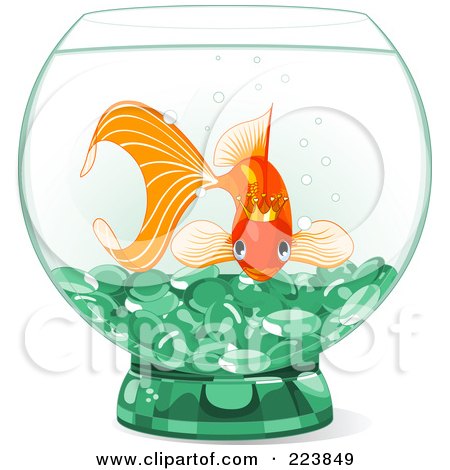 Royalty-Free (RF) Clipart Illustration of a Princess Goldfish In A Bowl With Green Glass Pebbles by Pushkin