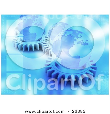 Clipart Illustration of a Group Of Flat Blue Cog Gears Spinning With Globes On Top Of Them With Blue Binary Coding by KJ Pargeter