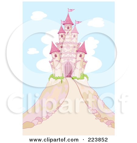Royalty-Free (RF) Clipart Illustration of a Pink Fairy Tale Castle Atop A Hill Against A Blue Sky And Clouds by Pushkin