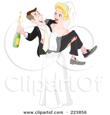 Royalty-Free (RF) Clipart Illustration of a Stunning Blond Bride Carrying Her Drunk Groom In Her Arms  by yayayoyo