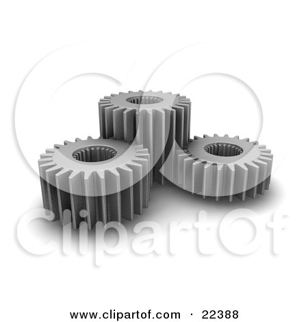 Clipart Illustration of a Group Of Three Working Silver Gear Cogs by KJ Pargeter