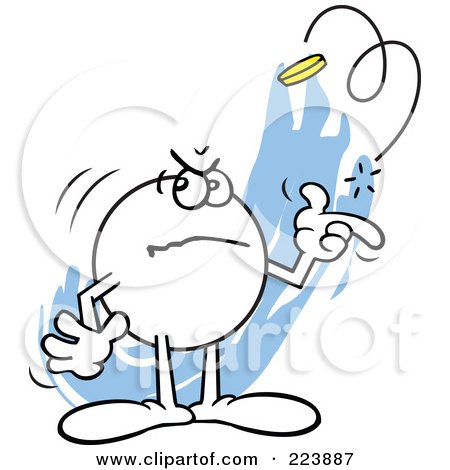 Royalty-Free (RF) Clipart Illustration of a Grumpy Moodie Character Flipping A Coin by Johnny Sajem
