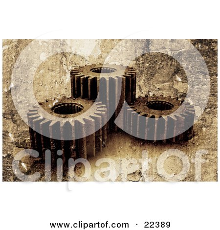 Clipart Illustration of a Group Of Three Spinning Gold Gear Cogs With A Grunge Peeling Paint Texture by KJ Pargeter