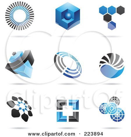 Royalty-Free (RF) Clipart Illustration of a Digital Collage Of Blue And Black Icon Or Logo Designs With Shadows - 1 by cidepix