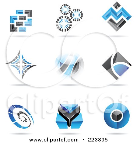 Royalty-Free (RF) Clipart Illustration of a Digital Collage Of Blue And Black Icon Or Logo Designs With Shadows - 5 by cidepix