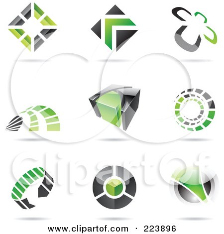 Royalty-Free (RF) Clipart Illustration of a Digital Collage Of Black And Green Icon Or Logo Designs With Shadows - 1 by cidepix