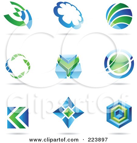 Royalty-Free (RF) Clipart Illustration of a Digital Collage Of Blue And Green Icon Or Logo Designs With Shadows - 5 by cidepix