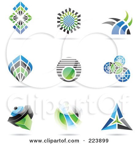 Royalty-Free (RF) Clipart Illustration of a Digital Collage Of Blue And Green Icon Or Logo Designs With Shadows - 3 by cidepix