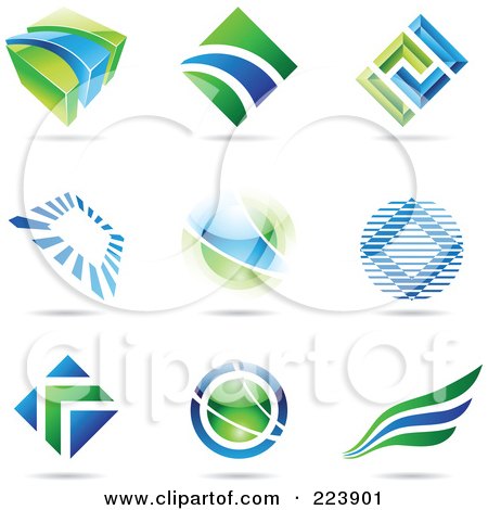 Royalty-Free (RF) Clipart Illustration of a Digital Collage Of Blue And Green Icon Or Logo Designs With Shadows - 1 by cidepix