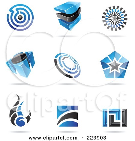 Royalty-Free (RF) Clipart Illustration of a Digital Collage Of Blue And Black Icon Or Logo Designs With Shadows - 3 by cidepix