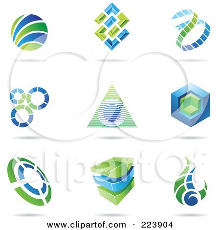 Royalty-Free (RF) Clipart Illustration of a Digital Collage Of Blue And Green Icon Or Logo Designs With Shadows - 4 by cidepix