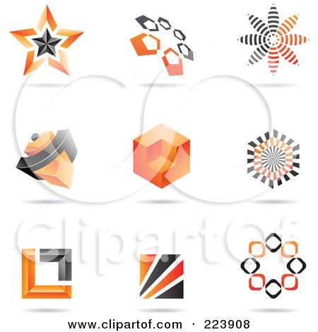 Royalty-Free (RF) Clipart Illustration of a Digital Collage Of Orange And Black Icon Or Logo Designs With Shadows - 1 by cidepix