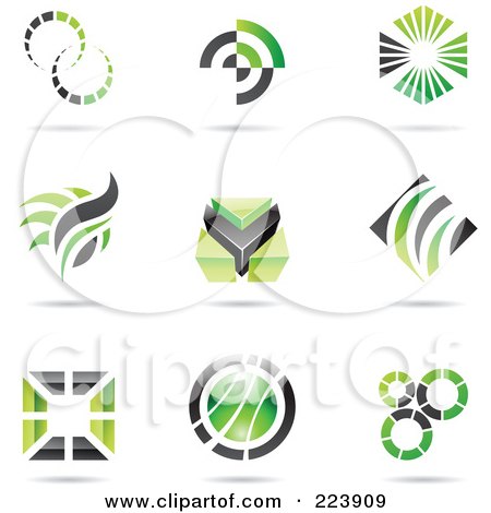 Royalty-Free (RF) Clipart Illustration of a Digital Collage Of Black And Green Icon Or Logo Designs With Shadows - 2 by cidepix