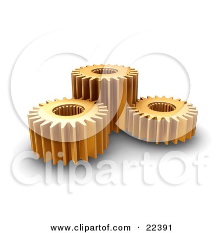 Clipart Illustration of a Group Of Three Spinning Gold Gear Cogs by KJ Pargeter