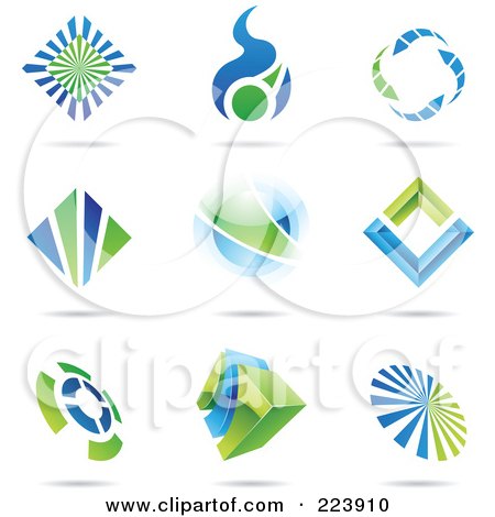 Royalty-Free (RF) Clipart Illustration of a Digital Collage Of Blue And Green Icon Or Logo Designs With Shadows - 2 by cidepix