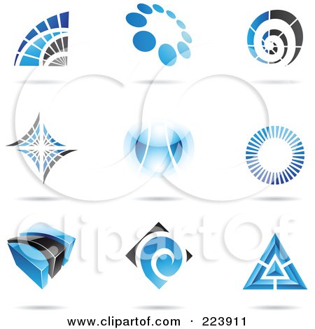 Royalty-Free (RF) Clipart Illustration of a Digital Collage Of Blue And Black Icon Or Logo Designs With Shadows - 2 by cidepix
