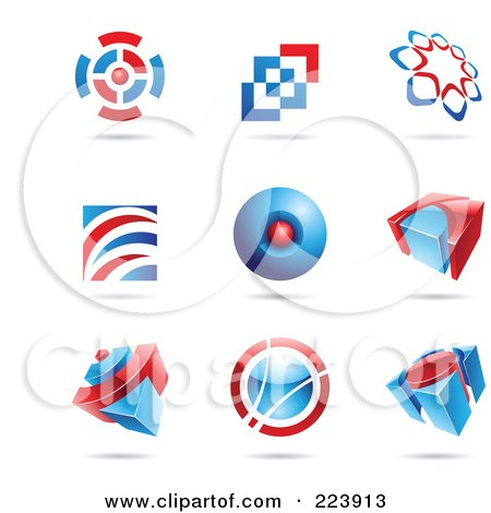 Royalty-Free (RF) Clipart Illustration of a Digital Collage Of Blue And Red Icon Or Logo Designs With Shadows by cidepix