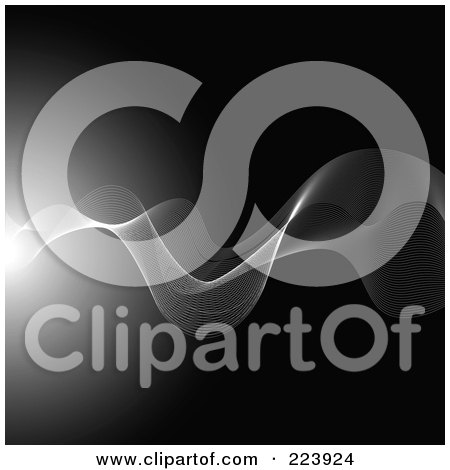 Royalty-Free (RF) Clipart Illustration of a White Mesh Wave Over Black With A Glowing Light by cidepix