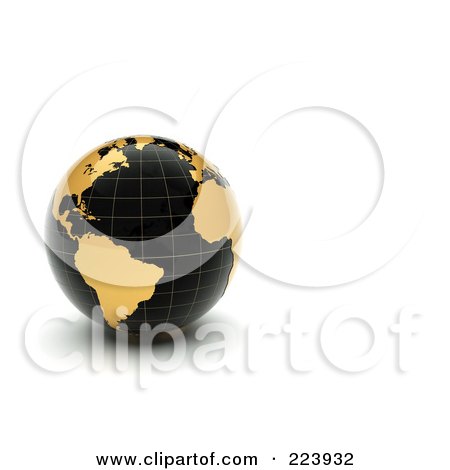 Royalty-Free (RF) Clipart Illustration of a 3d Black Grid Globe With Golden Continents by chrisroll