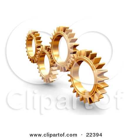 Clipart Illustration of a Group Of Four Slender Golden Cogs Spinning And Catching In The Rivets by KJ Pargeter