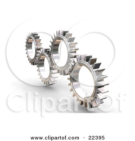 Clipart Illustration of Four Silver Gears Working In Tandem by KJ Pargeter